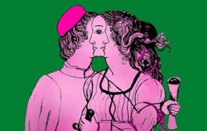 illustration of a pink man and woman with faces merged