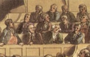 an old etching of a jury of men