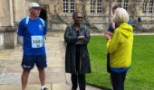 Valerie Amos and tree runners in main quad