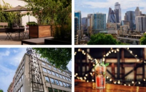 Four photos — outside bar, modern building, London skyline and a cocktail on a bar with fairy lights