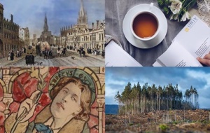 Collage of images, a painting of high street oxford, a cup of teas seen from above, a sketch of stained glass window, a field of trees.