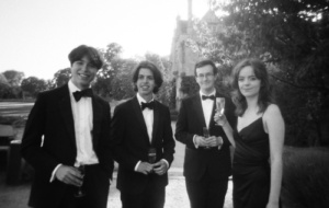 Group of friends at a black-tie party