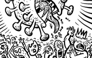 cartoon of an alien hovering over a screaming crowd