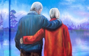 A painting of an elderly couple with their arms around each other facing away from us.