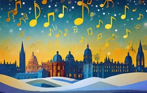 Oxford skyline with musical notes in the sky