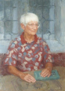 Paining of a woman with short white hair and glasses, a colourful but muted top sitting at a table in an Oxford college