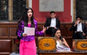 Woman speaking at Oxford Union