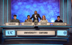 A team of students on University Challenge with the presenter